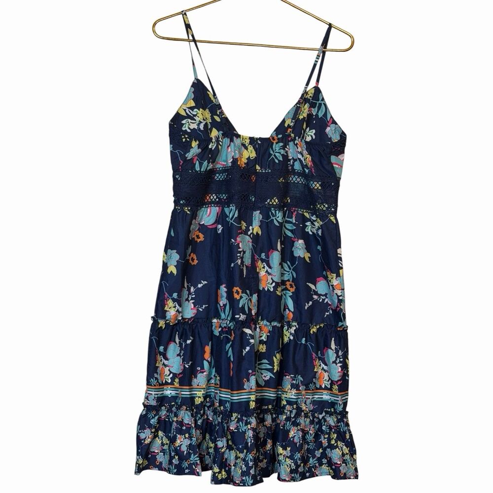 Boho Babydoll Dress Womens XL Navy Floral Empire Waist Tiered Sundress Festival - Picture 3 of 10